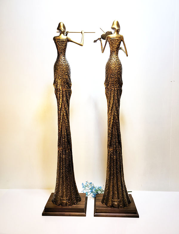 악기 여인 조각상 특대 청동 황동 공예품 조각품 조형물 플룻 바이올린 연주 카페 상점 거실 인테리어 장식품